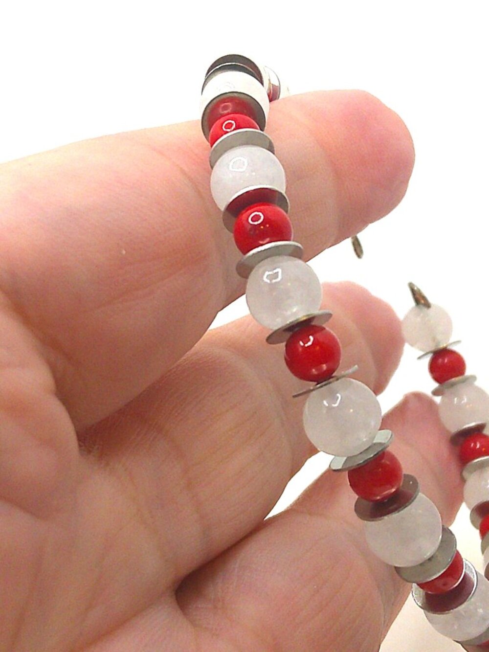 White Jade, Coral and Stainless Steel Wrap Bracelet